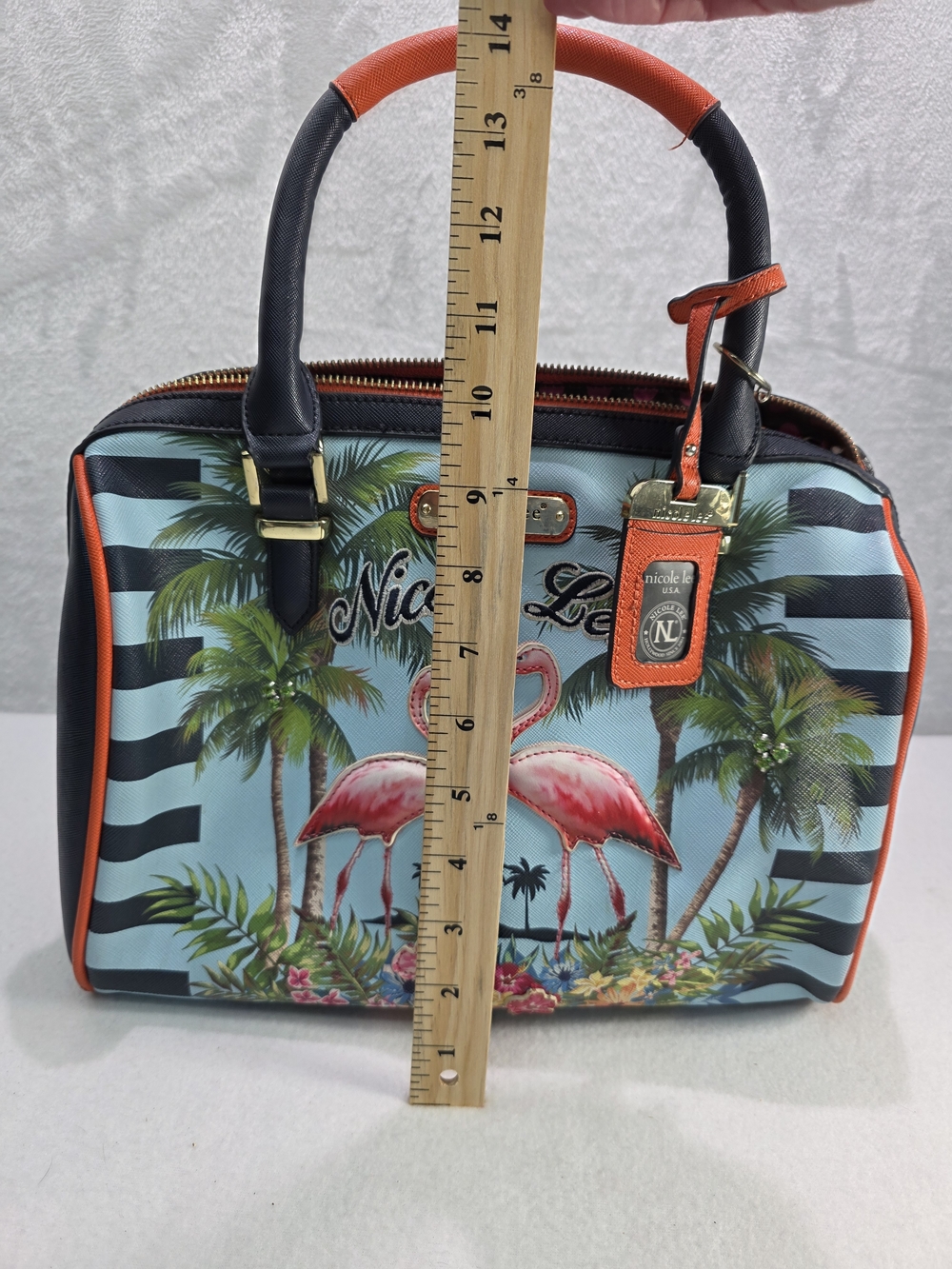 Nicole Lee Teal Tropical Flamingo Dome Satchel Bag with Orange Trim - Picture 6 of 7